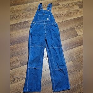 Vtg Y2K Carhartt Bib Blue Denim Overalls Kids XL USA Union Made Double Knees 90s
